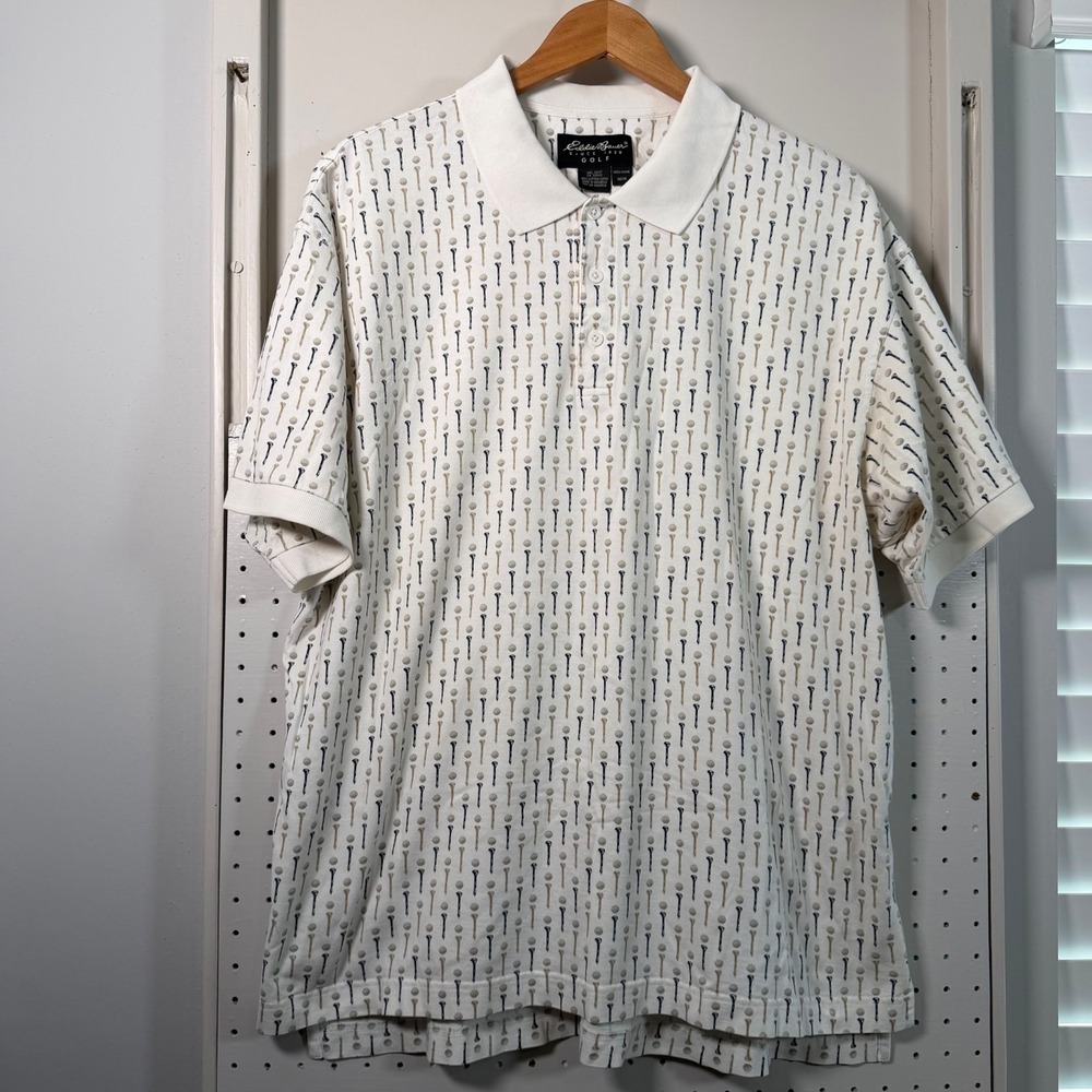 Eddie Bauer Polo Shirt Men's‎ White Golf Tee Print Short Sleeve Sports - Medium